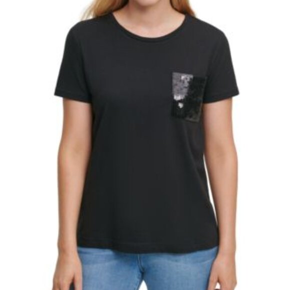 Black T-Shirt with Sequin Pocket Calvin Klein size size L - Picture 1 of 2